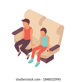 Public transport people isometric composition with faceless characters of teenagers occupying soft seats vector illustration