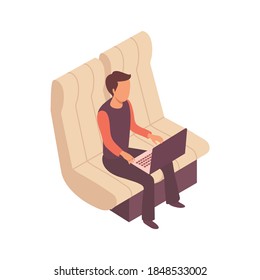 Public transport people isometric composition with soft seats and sitting man with laptop vector illustration