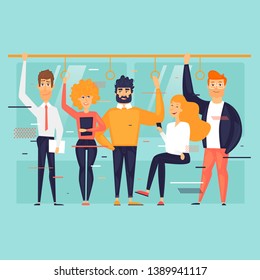 Public transport, people ride the subway, bus, train. Flat design vector illustration.