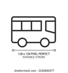 Icono lineal perfecto de píxel de transporte público. Viajando a la ciudad. Transporte en autobús. Infraestructura urbana. Servicios de entrenador. Ilustración de línea delgada. Símbolo de contorno. Dibujo del contorno del vector. Trazo editable