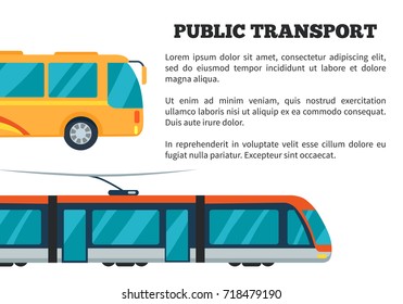 Public transport presentation with yellow bus and electrical train. Vector illustration of poster for representing commercial transport on white background