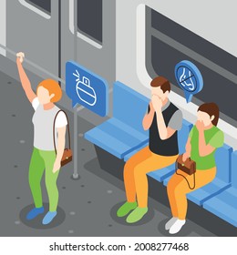 Public Transport Problems Isometric Background With Indoor View Of Train Car With Girl Applied Smelly Parfume Vector Illustration