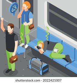 Public transport problems isometric background with inside view of train bad smell and sleeping homeless person vector illustration