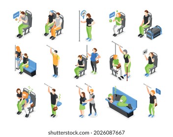 Public transport problems isometric icons collection with isolated human characters of traveling passengers in different situations vector illustration
