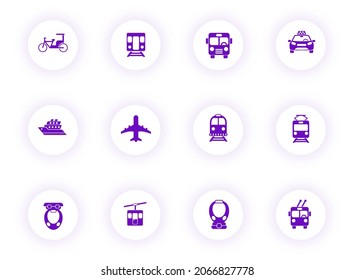 public transport purple color vector icons on light round buttons with purple shadow. public transport icon set for web, mobile apps, ui design and print