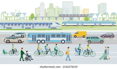 Public transport with rapid transit, tram and metro, bus, illustration