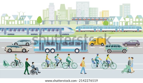 Public transport with rapid transit, tram\
and metro, bus,\
illustration
