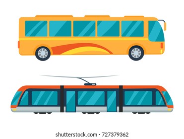 Public transport represented by yellow bus and electric train with large windows. Vector illustration of vehicles isolated on white background
