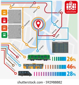 Public transport routes and stations infographics template. Municipal passenger trasportation statistics of bus, tram, subway metro train, taxi and trolleybus. Vector flat design