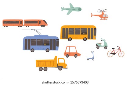 Public transport set in children's baby childish style. Cartoon vehicles. Toy bus coach, tram streetcar wagon, car automobile, dump truck, plane, helicopter, train, plane. Comic  character for a book.