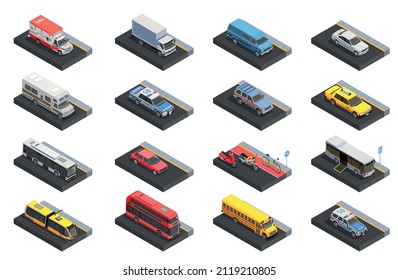 Public transport set with different vehicles on city street isolated vector illustration