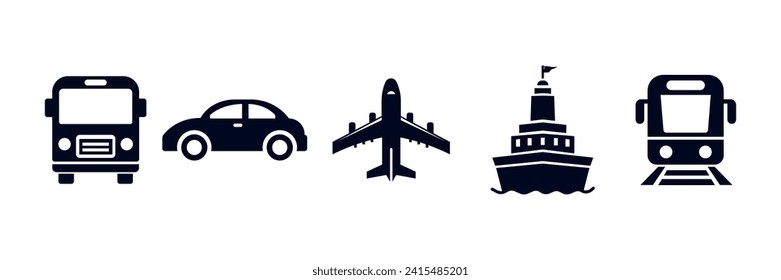 Public transport set. Transportation icons. Public bus, Automobile, Plane, Ship or Ferry, Train. Vector illustration