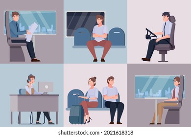 Public Transport Six Square Compositions Set Of Dispatcher Bus Driver Characters And People Traveling In Train And Subway Car Flat Vector Illustration