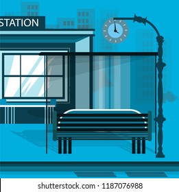Public transport station in the center of a large city. Color palette in blue tones. Vector illustration