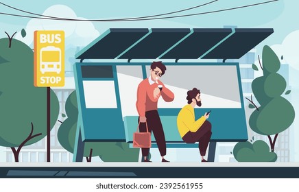 Public transport station. City transport infrastructure scene with passenger waiting for bus. Vector illustration of city station transport with people, passenger street