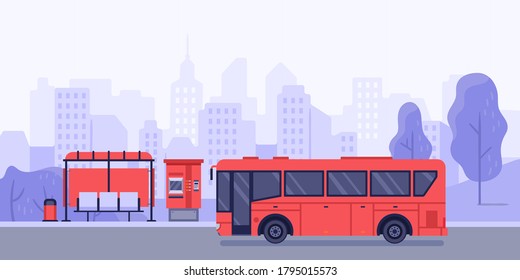 Public transport stop and autobus. Vector bus stop and transport public service illustration