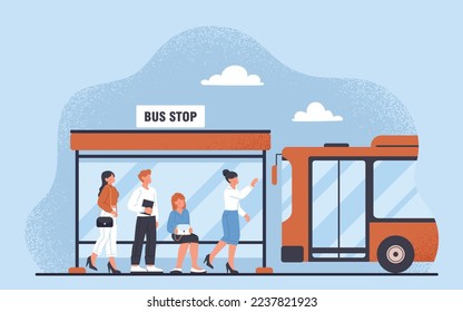 Public transport stop. People sit and wait for bus and city transport. Travel and adventure. Schedule and daily routes. Spring or summer season. Poster or banner. Cartoon flat vector illustration