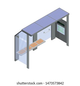 Public transport stop with solar panels on the roof. Style is isometry. Vector illustration.