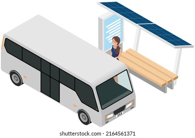 Public transport stop with solar panels on roof. Technologies of future, modern smart city concept. Use of renewable energy sources green energy for clean environment alternative energy infrastructure