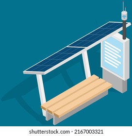 Public transport stop with solar panels on roof. Technologies of future, modern smart city concept. Use of renewable energy sources green energy for clean environment alternative energy infrastructure