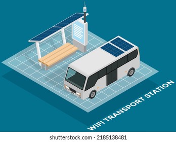 Public transport stop with solar panels on roof. Technologies of future, modern smart city concept. Use of renewable energy sources green energy for clean environment alternative energy infrastructure