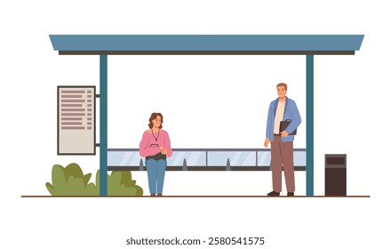 Public transport stop with timetable and shelter. Vector isolated people personages waiting for bus or vehicle. Commuting and transportation of passengers. Woman sitting on bench, front view