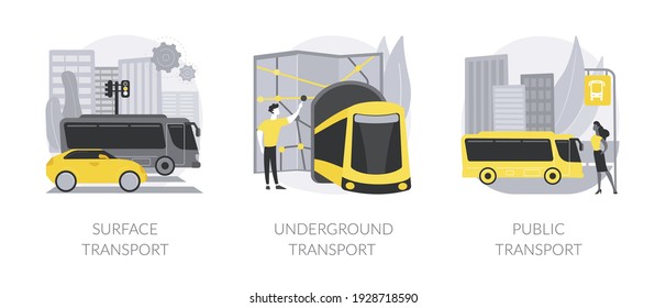 Public transport system abstract concept vector illustration set. Surface transport, underground public urban transportation, buy ticket, subway train station, bus stop, passenger abstract metaphor.