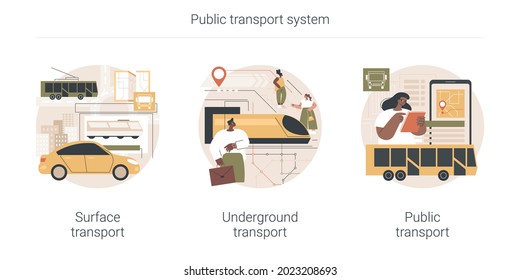 Conjunto de ilustraciones vectoriales abstractas del sistema de transporte público. Transporte terrestre, transporte subterráneo público urbano, compra boletos, estación de metro, parada de autobús, metáfora abstracta de pasajeros.