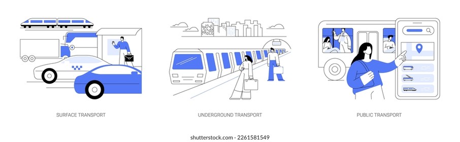 Public transport system abstract concept vector illustration set. Surface transport, underground public urban transportation, buy ticket, subway train station, bus stop, passenger abstract metaphor.