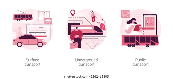 Public transport system abstract concept vector illustration set. Surface transport, underground public urban transportation, buy ticket, subway train station, bus stop, passenger abstract metaphor.