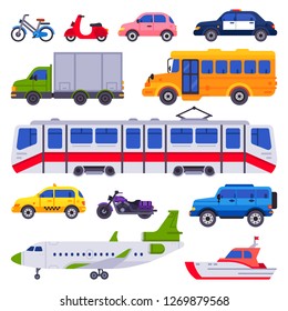 Public transport. Taxi car vehicle, city train and urban transporter. Road transport tram, train motorcycle and plane. Transportation isolated cars vector icons collection