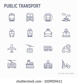 Public transport thin line icons set: train, bus, taxi, ship, ferry, trolleybus, tram, car sharing. Front and side view. Modern vector illustration.