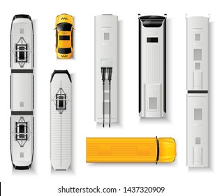 Public Transport Top View Realistic Icons Set With Bus Taxi Tram Train Isolated On White Background Vector Illustration