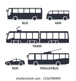 Public transport type icons set. Bus, Van, Tram, Taxi, Trolleybus. Vector black illustration isolated on white background with title. Variants of car body silhouette for web.