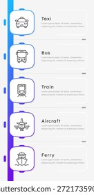 Tipos de transporte público cuadrado azul gradiente Vertical infografía 5 pasos. Transporte de pasajeros. Viajar en vehículos. Proceso de diagrama de iconos de línea delgada editable