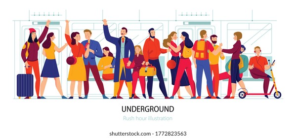 Transporte público y subterráneo con símbolos de hora punta ilustración vectorial plana