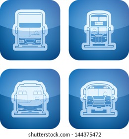Public transport - various land vehicles, pictured here from left to right, top to bottom:  Modern double decker bus, Old fashion double decker bus, Tour bus, School bus.