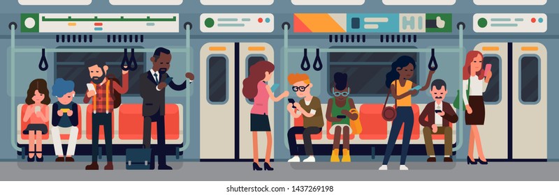 Public transport vector concept illustration on urban underground tube mass transit passengers. Diverse group of commuters using their mobile devices. Subway or underground car interior with people