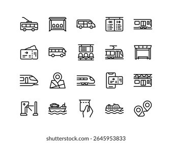 Conjunto de Ícones de Vetor de Transporte Público | Espessura ajustável da linha | Comboio, metro, bilhete, estação, ônibus, viagem, parada, agenda, mapa, transporte, trânsito, navegação, bonde, navio, ícones de terminal