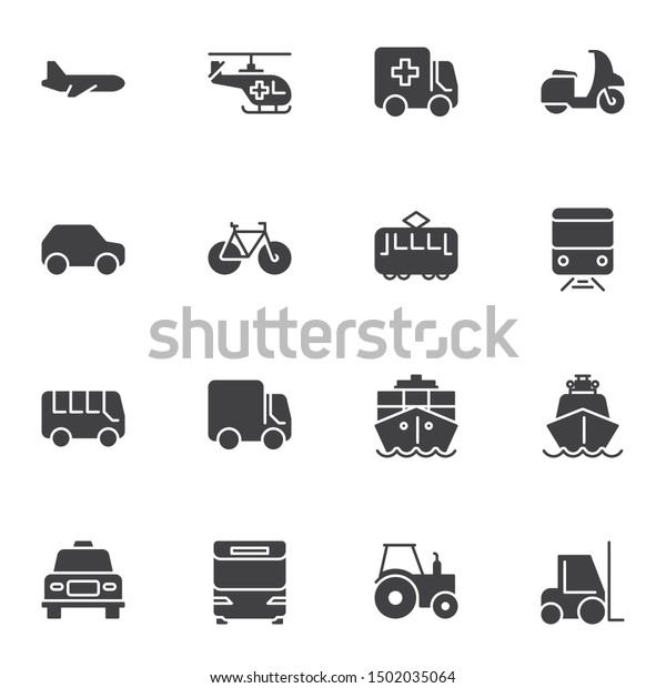 Public transport vector icons set, Symbol\
collection, filled style pictogram pack. Signs, logo illustration.\
Set includes icons as plane, helicopter, ambulance truck, tram,\
railway train, ship,\
taxi