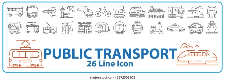 Public Transport Vector Line Icons set with Train, Tram, Bike, Bus, Car, airplane, boat, helicopter, motor, cruise, trolleybus, shipping, airport and more. Traffic sign or symbol. Travel