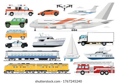 Public Transport Vector. Passenger Vehicle. Isolated Public Train, Ambulance, Police Car, Automobile, Bus, Airplane, Fire Truck, Drone, Yacht Transport Icon Collection. Road, Air, Maritime Transport