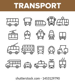 Public Transport And Vehicle Vector Linear Icons Set. Passenger Urban Transport Outline Symbols Pack. Bus, Taxi Cab, Trolley, Train Side And Front View Isolated Contour Illustrations