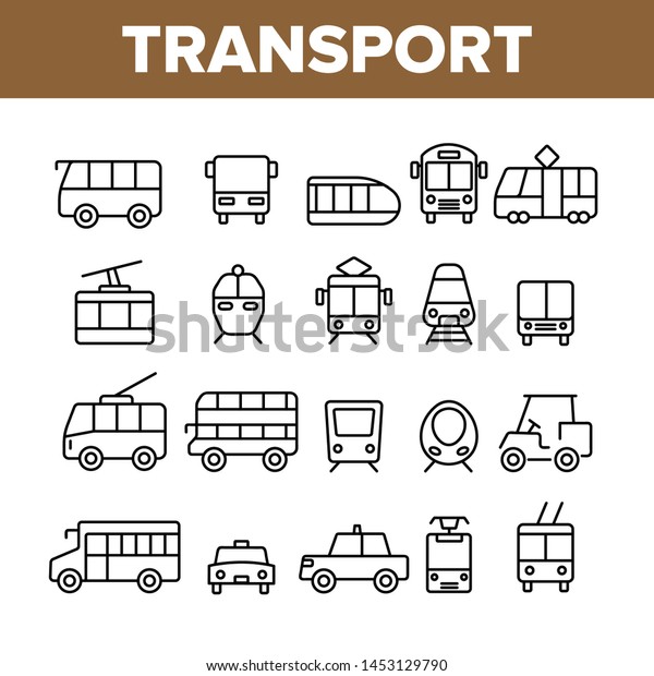 Public\
Transport And Vehicle Vector Linear Icons Set. Passenger Urban\
Transport Outline Symbols Pack. Bus, Taxi Cab, Trolley, Train Side\
And Front View Isolated Contour\
Illustrations