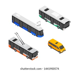 Public transport vehicles - modern vector isometric colorful elements isolated on white background. Quality set of different cars for creating your design. Images of a trolleybus, tram, minibus, bus