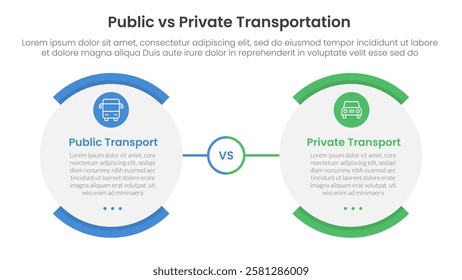 public transport vs personal vehicle comparison concept for infographic template banner with round egg shape opposite with two point list information vector