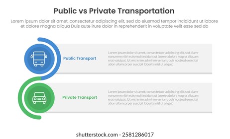 public transport vs personal vehicle comparison concept for infographic template banner with rectangle box stack and circle wave with two point list information vector