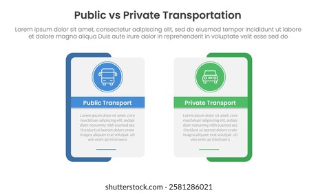 public transport vs personal vehicle comparison concept for infographic template banner with rectangle shape bold outline and circle badge with two point list information vector