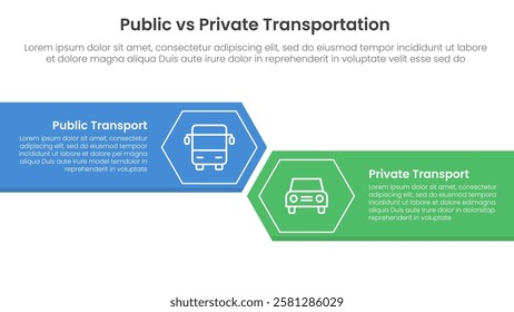 public transport vs personal vehicle comparison concept for infographic template banner with big rectangle with arrow edge and hexagon with two point list information vector