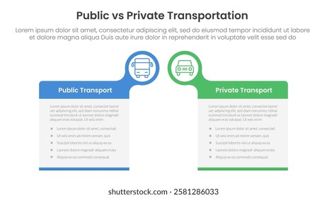 public transport vs personal vehicle comparison concept for infographic template banner with big box table with bubble circle header badge with two point list information vector